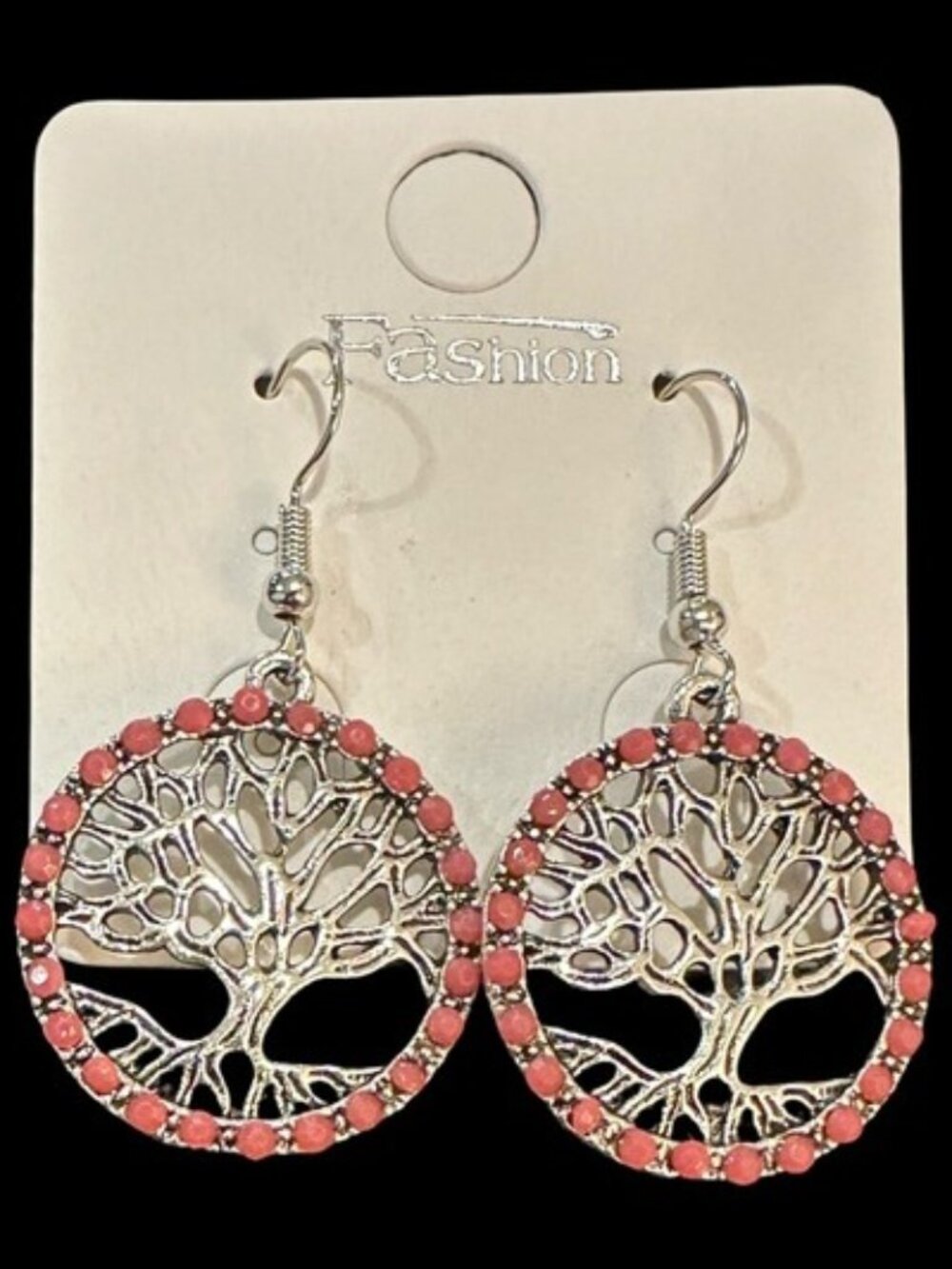Tree Of Life Dangling Earrings With Coral Beaded Edge Silver-Tone Metal
